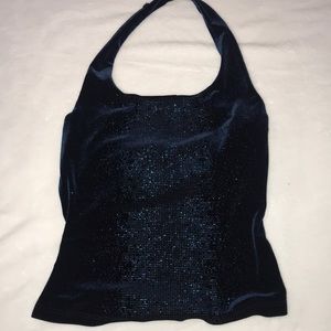 Deep blue velvet halter top.